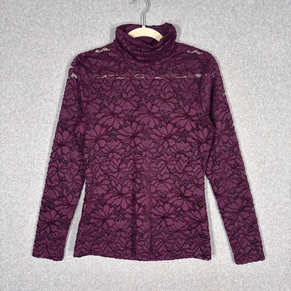 WHBM Lace Turtleneck Top Small Purple Floral Sheer Whimsigoth Feminine Romantic